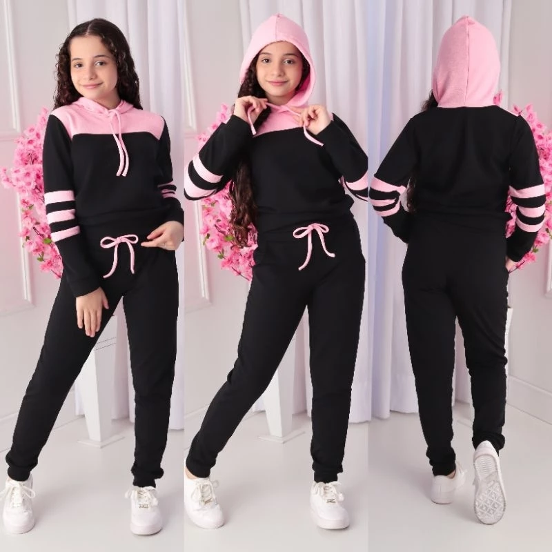 Conjunto Moletom infanto-juvenil bicolor com capuz Tendência Outono e inverno