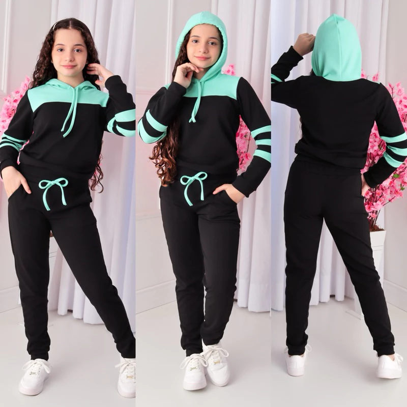Conjunto Moletom infanto-juvenil bicolor com capuz Tendência Outono e inverno - Imagem 3