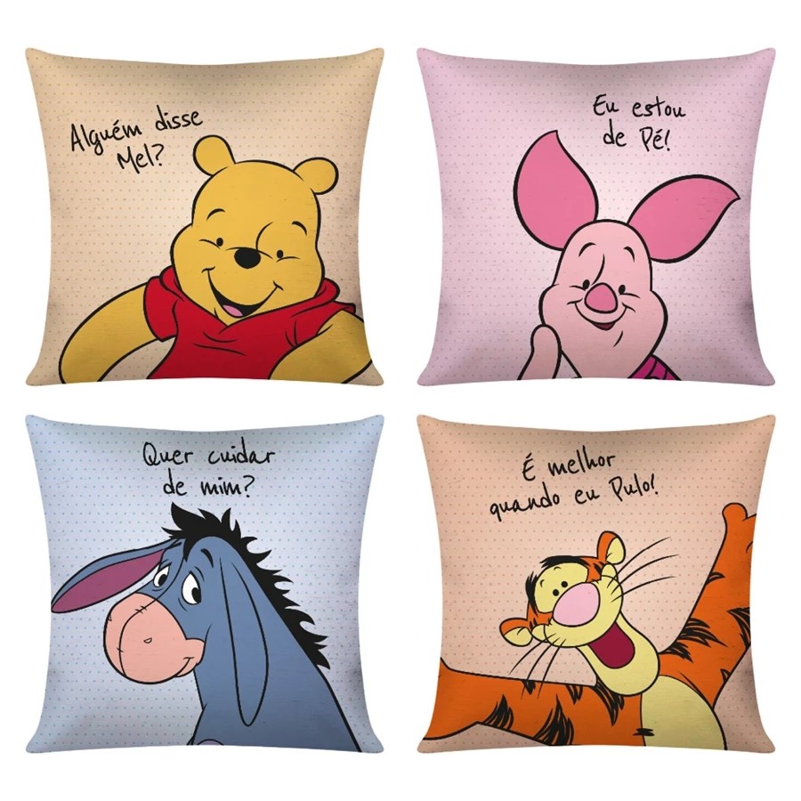 Kit com 4 Capas de Almofada Decorativas 45x45 – Ursinho Pooh