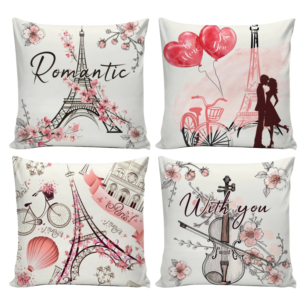 KIT COM 4 CAPAS DE ALMOFADA PARIS ROMÂNTICA 45x45cm
