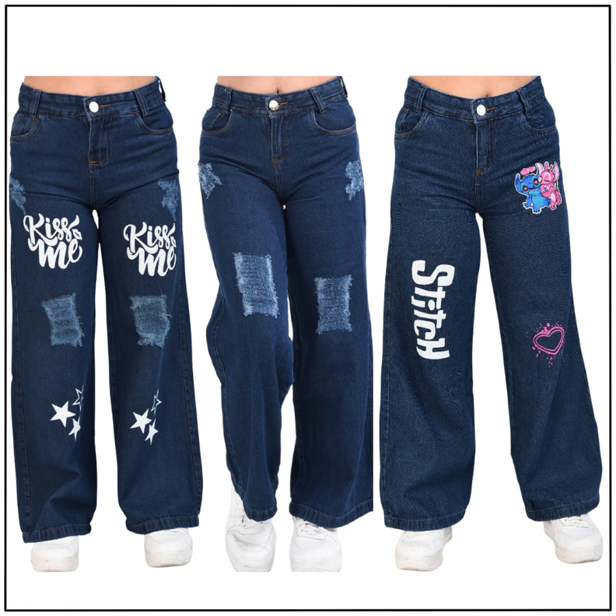 Kit 3 Calças Jeans Wide Leg Menina Infantil e Juvenil - Imagem 4