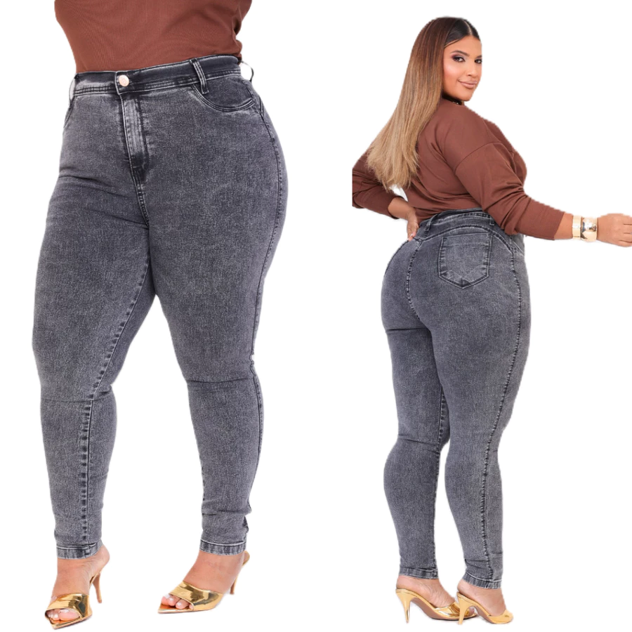 Calça Jeans Feminino Plus Size Marmorizada Cintura Alta Modelagem Levanta Bumbum Com Lycra Strech E Elastano Premium