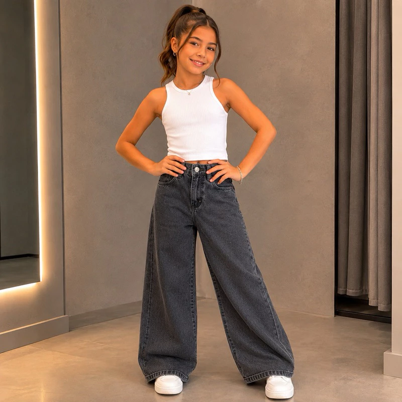 Calça Jeans Feminina Wide Leg Infantil Juvenil Tamanho 4 ao 16 Premium