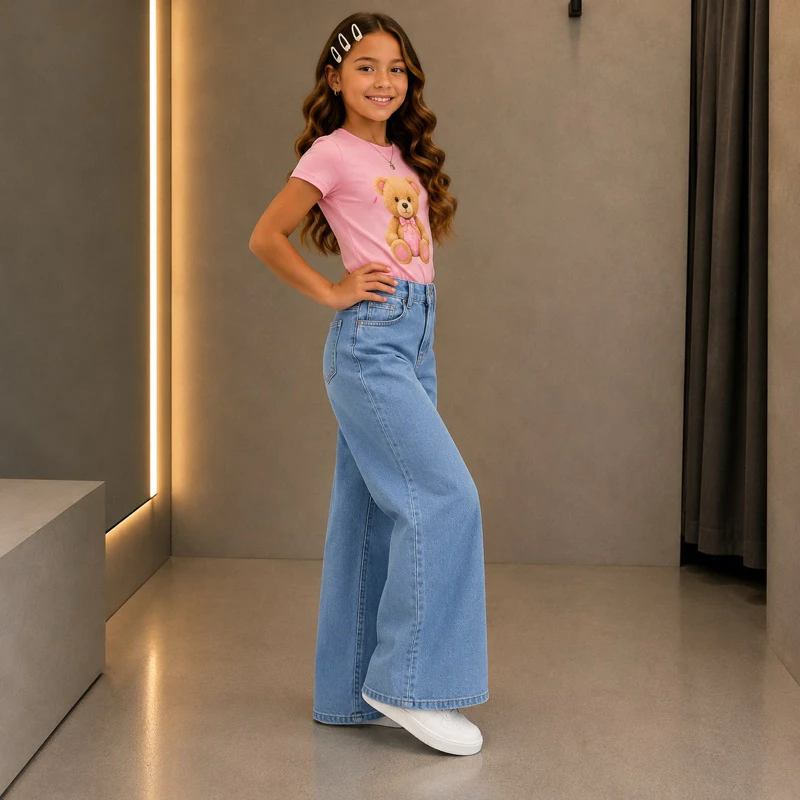Calça Jeans Feminina Wide Leg Infantil Juvenil Tamanho 4 ao 16 Premium - Imagem 3