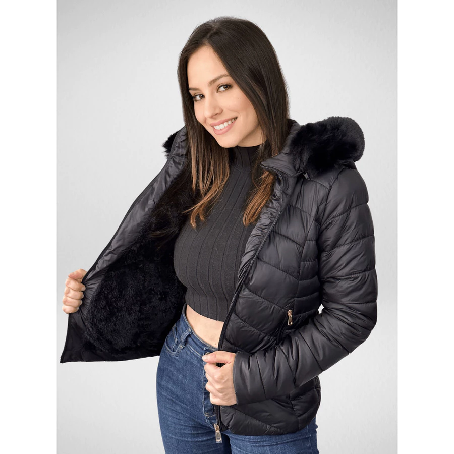 Jaqueta Puffer Feminina Peluciada com Capuz Removível – Bobojaco Forrado de Inverno - Imagem 4