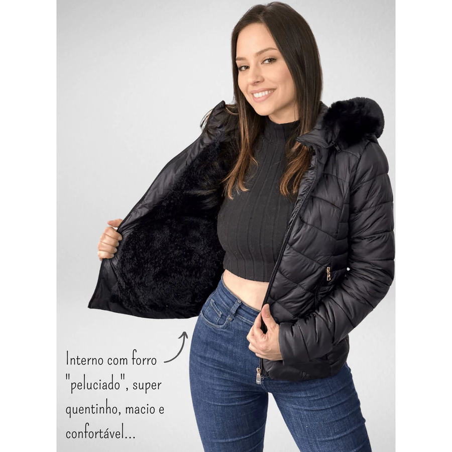 Jaqueta Puffer Feminina Peluciada com Capuz Removível – Bobojaco Forrado de Inverno - Imagem 5