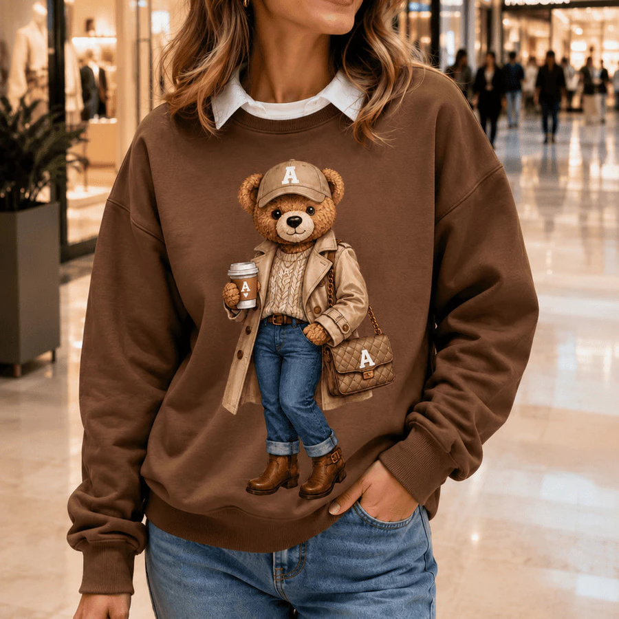 Moletom Feminino Estampado Urso com Bolsa