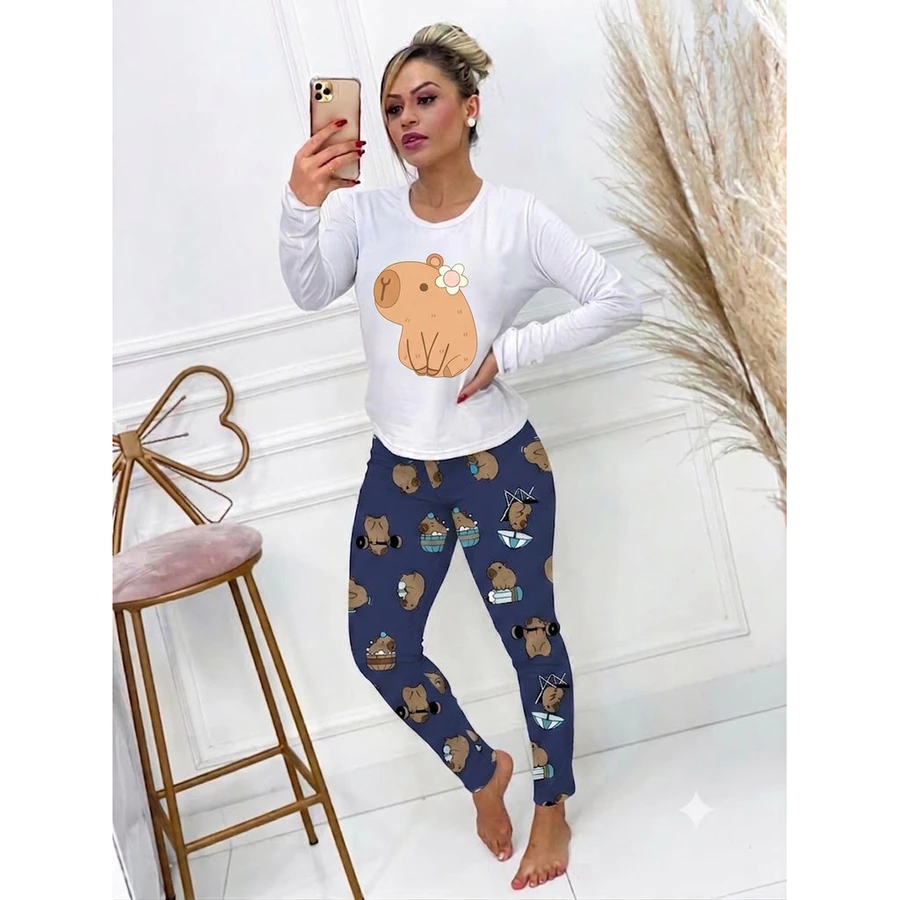 Pijama Feminino Manga Longa e Calça Luxo Inverno Personagens - Imagem 4