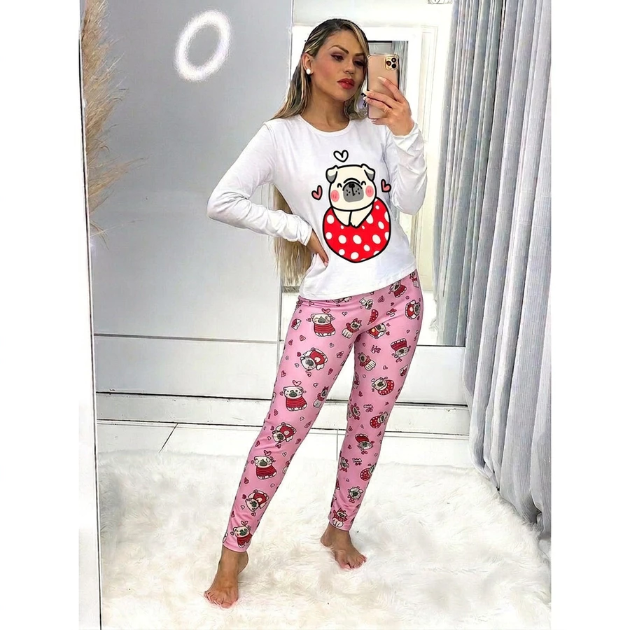 Pijama Feminino Manga Longa e Calça Luxo Inverno Personagens - Imagem 9