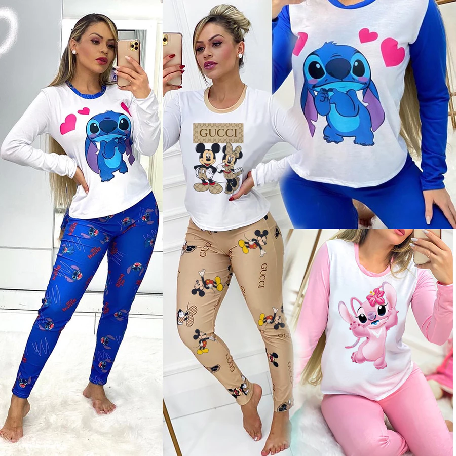 Pijama Feminino Manga Longa e Calça Luxo Inverno Personagens