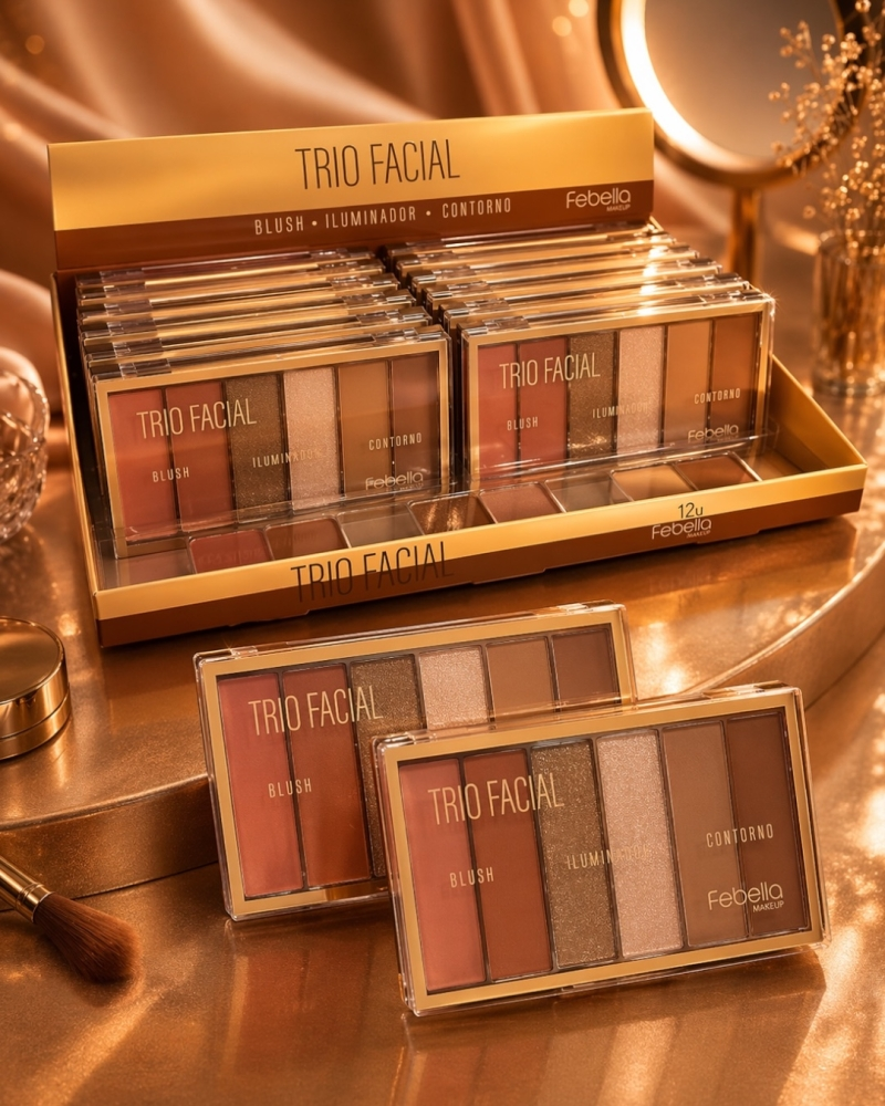 Paleta Trio Facial Blush + Iluminador + Contorno (MU5011) 15g – Febella