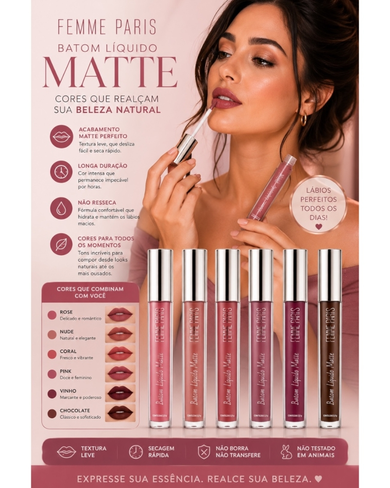 Batom Líquido Matte Femme Paris FR178 – Alta Cobertura e Longa Duração - Imagem 2