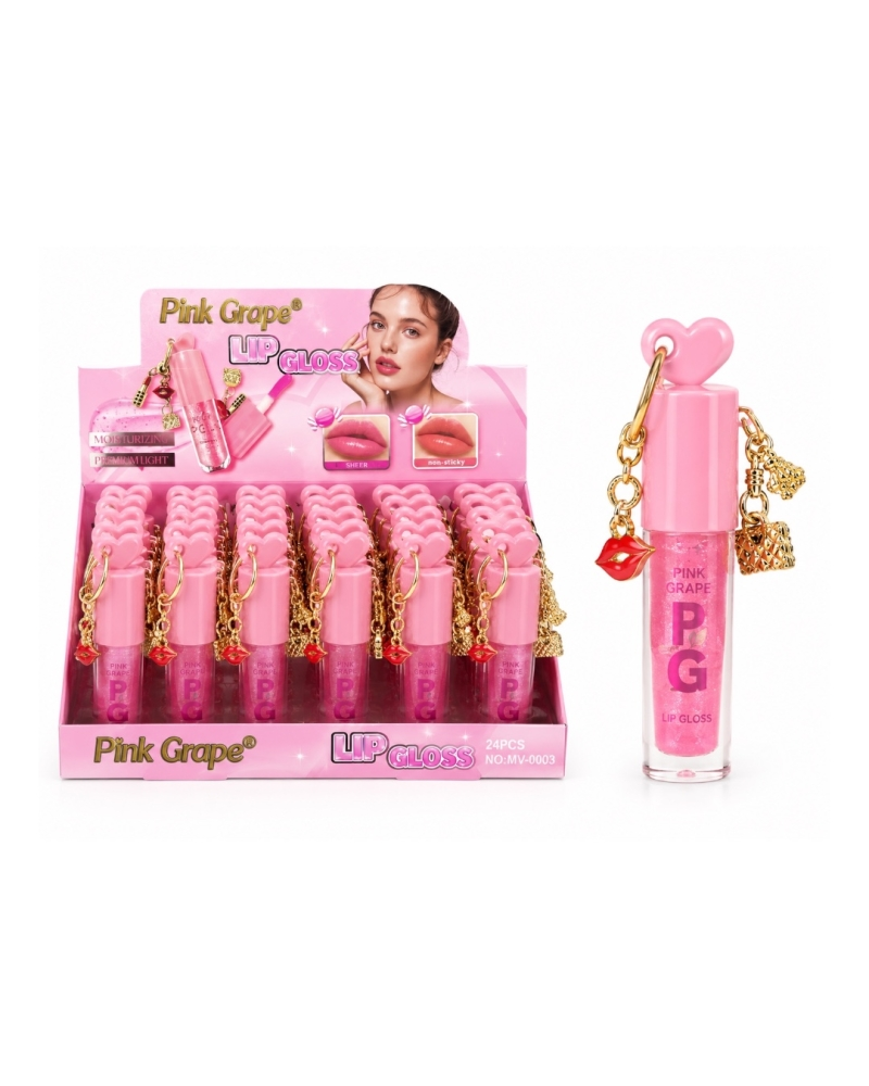Lip Gloss Rosa Chaveiro Pink Grape MV-0003 – Hidratante com Chaveiro Decorativo