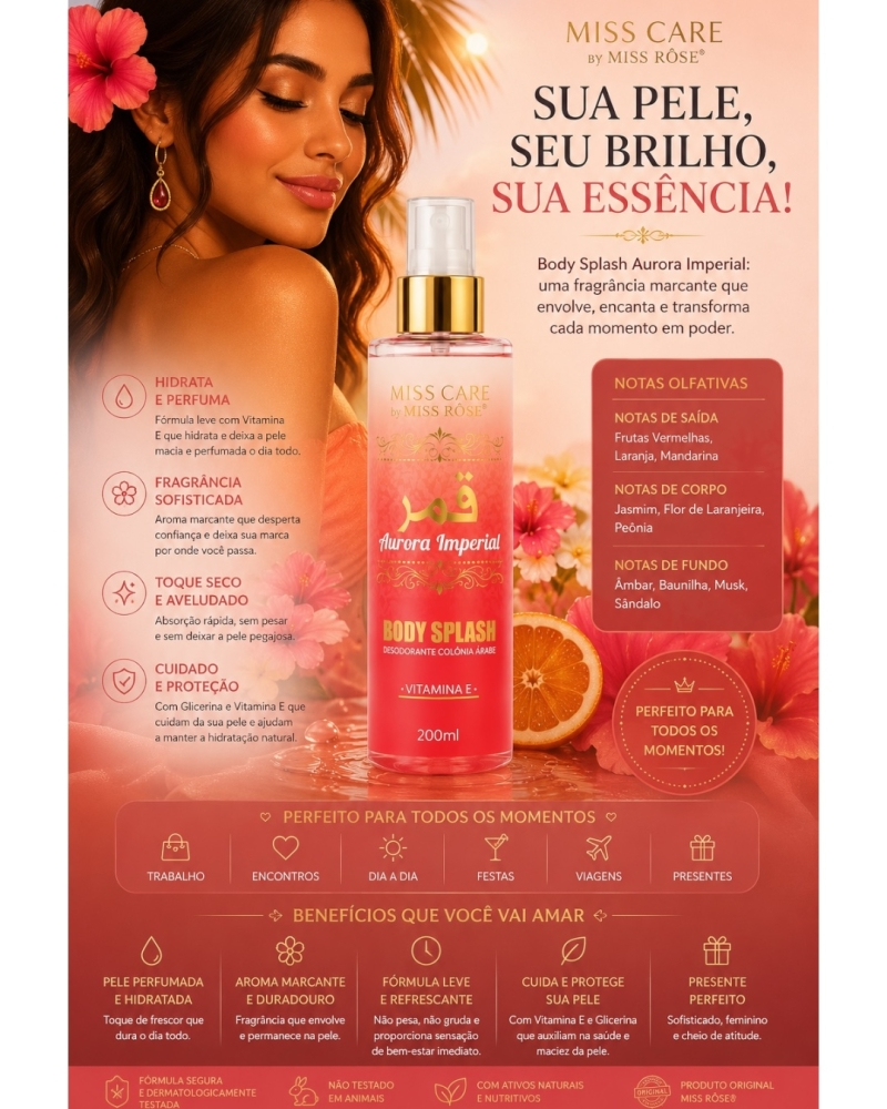Body Splash Aurora Imperial Miss Rôse 200ml – Fragrância Sofisticada e Refrescante