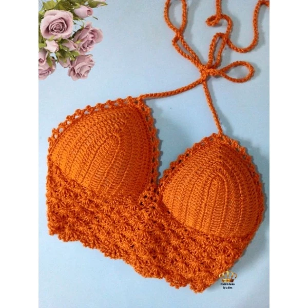 Top cropped crochê c/ bojo feito à mão - Imagem 3