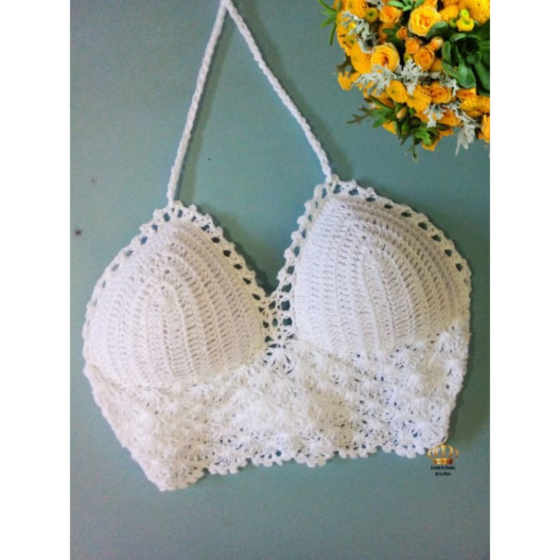 Top cropped crochê c/ bojo feito à mão - Imagem 7