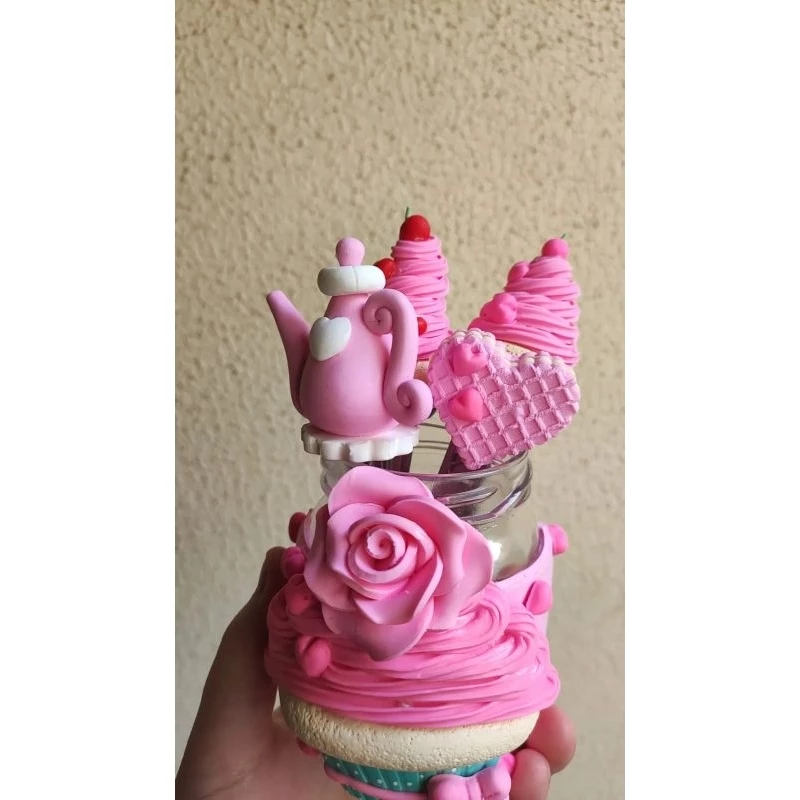 Combo Cantinho Rosa Pote + 4 colheres Decoradas em Biscuit