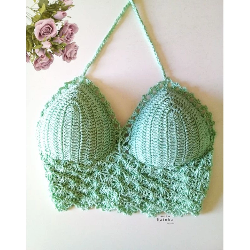 Top cropped crochê c/ bojo feito à mão - Imagem 10
