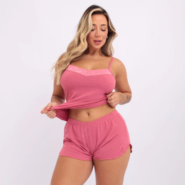 Baby Doll Feminino Canelado com Renda – Short Doll para Dormir