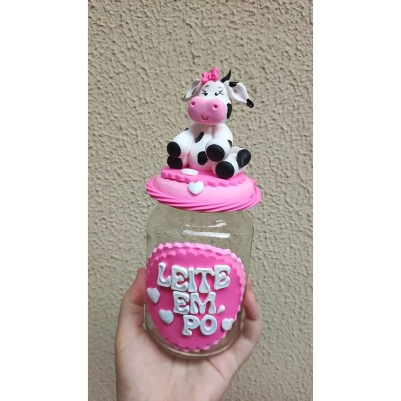 Pote Leite em Pó Bichinhos da Fazenda Vaquinha Decorado em Biscuit Cantinho do Café