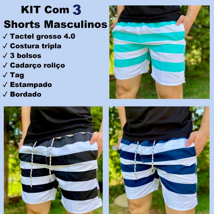 Kit 3 Short Bermuda Masculino Tactel