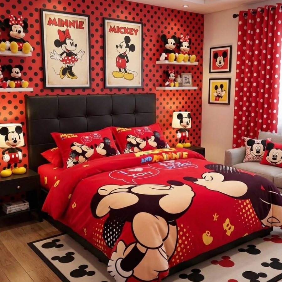Edredom Queen Minnie Mickey 5 Peças Dupla Face – Jogo de Cama Infantil