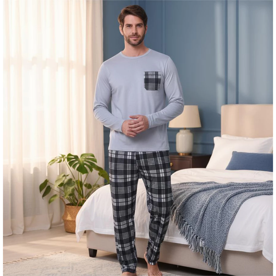 Pijama Masculino de Frio Manga Longa com Calça Xadrez