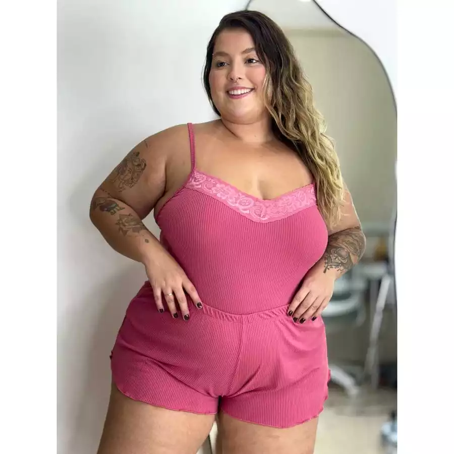Baby Doll Plus Size Feminino Canelado com Renda – Short Doll
