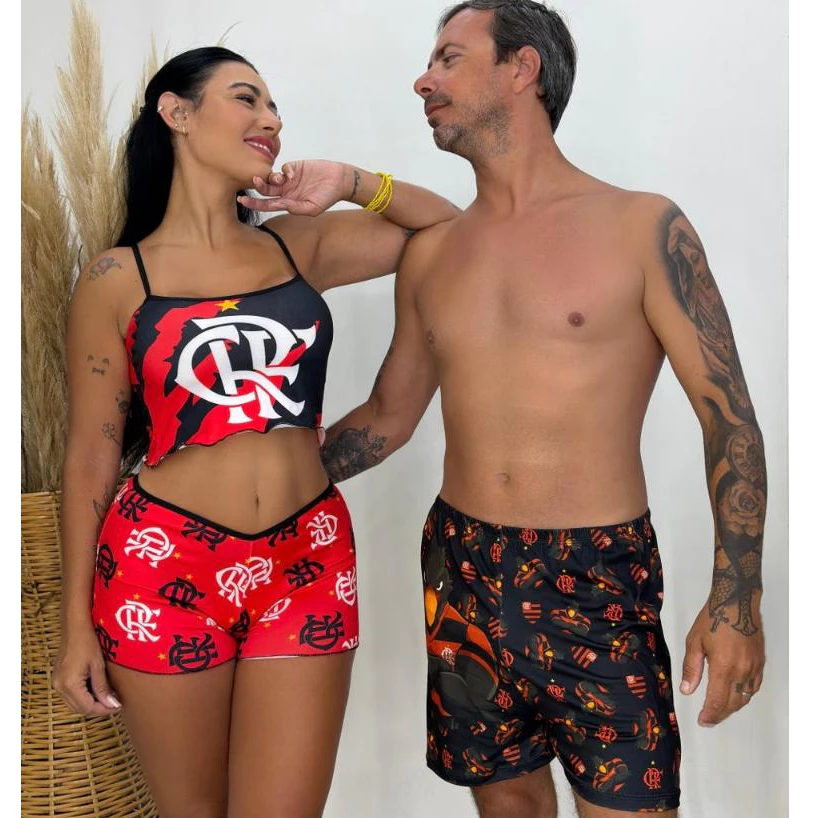 Kit Pijama Time Casal ShortDoll Suede Cropped + Samba Canção Masculino RUBO NEGRO