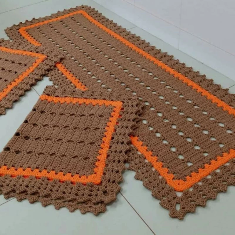 Jogo de cozinha em crochê quadrado várias cores três peças de barbante