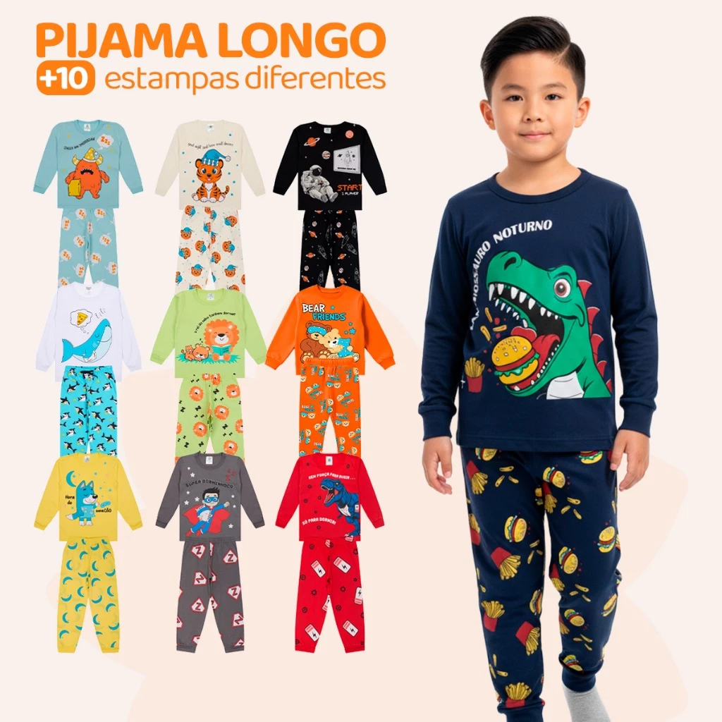Kit Sortido 4 Peças Pijama Infantil Menino Manga Comprida Tamanho 10