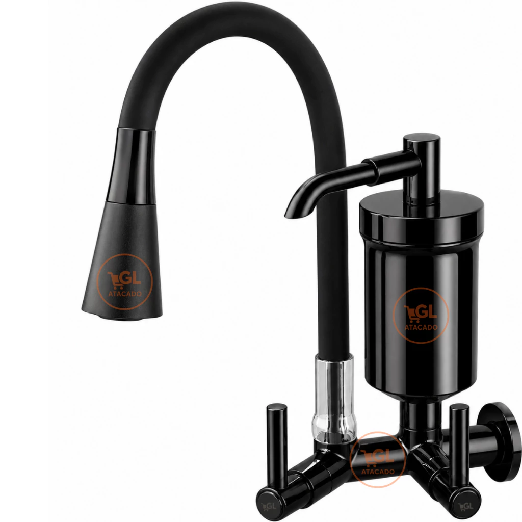 Torneira Gourmet de Parede com Filtro Preta Flexível – Duplo Jato