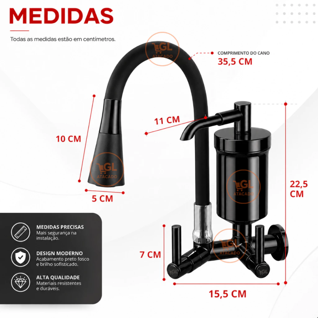 Torneira Gourmet de Parede com Filtro Preta Flexível – Duplo Jato - Imagem 4