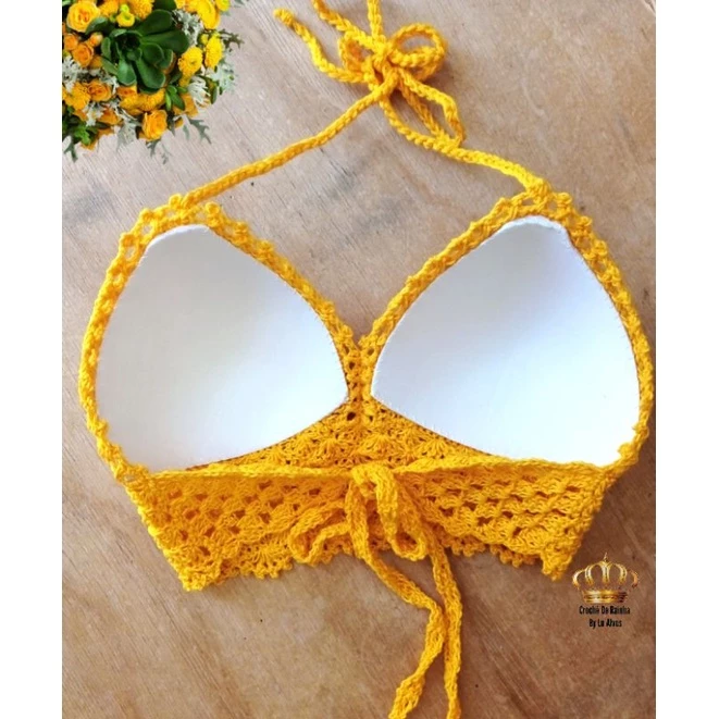 Top cropped crochê c/ bojo feito à mão - Imagem 2
