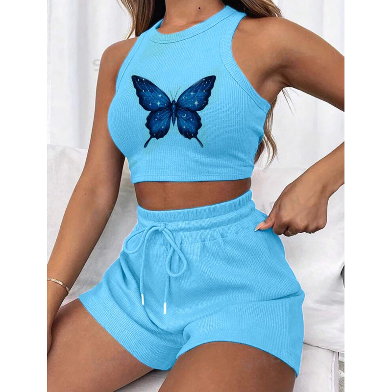 Conjunto Cropped AZUL BB e short canelado 3D Feminino - Imagem 9