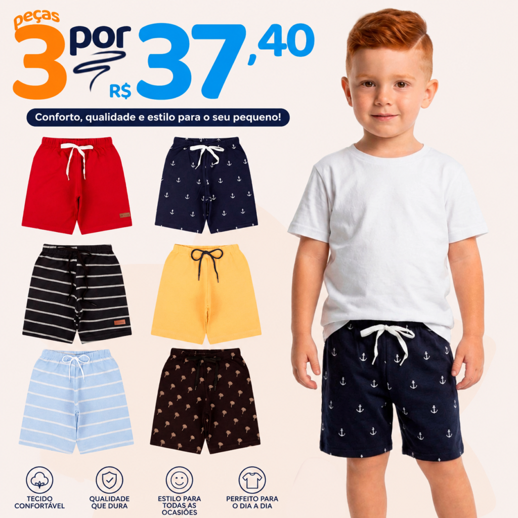 Kit 3 Bermudas Bebê Menino em Algodão – Verão 👶💙