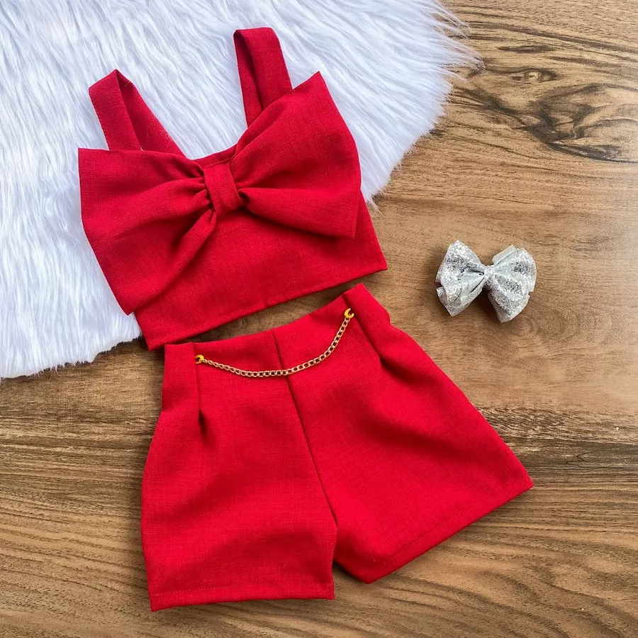 Conjunto Linho Infantil Menina do 2 ao 10 Anos Cropped Laço Moda Blogueirinha Verão