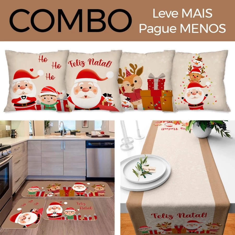 Combo Feliz Natal: Kit com 4 Capas para Almofadas + Kit com 3 Tapetes para Cozinha + Trilho de Mesa