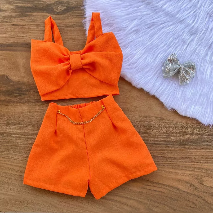Conjunto Linho Infantil Menina do 2 ao 10 Anos Cropped Laço Moda Blogueirinha Verão - Imagem 2