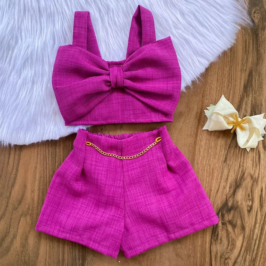 Conjunto Linho Infantil Menina do 2 ao 10 Anos Cropped Laço Moda Blogueirinha Verão - Imagem 3