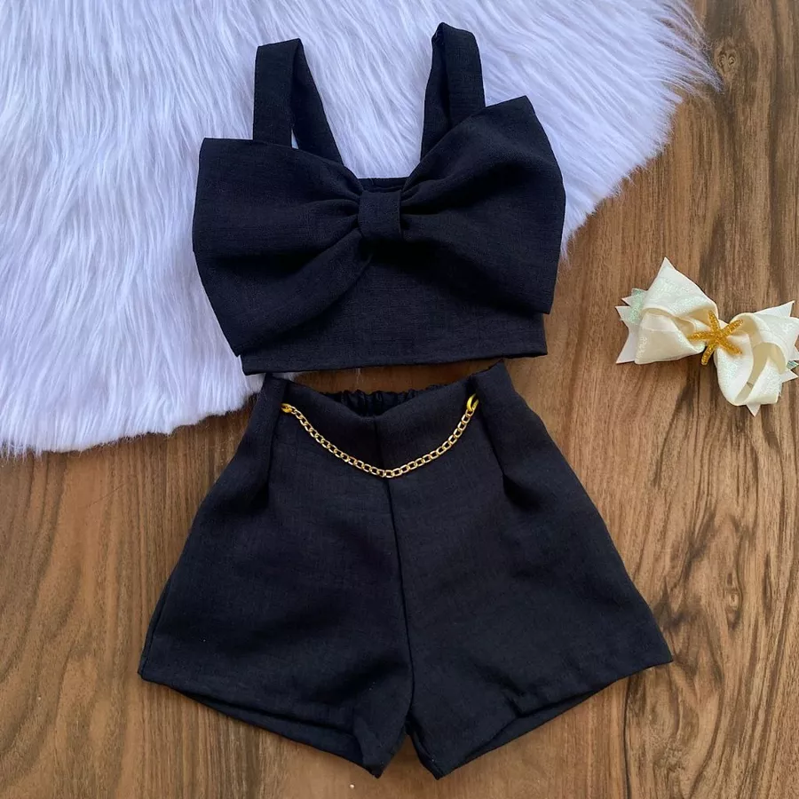 Conjunto Linho Infantil Menina do 2 ao 10 Anos Cropped Laço Moda Blogueirinha Verão - Imagem 4