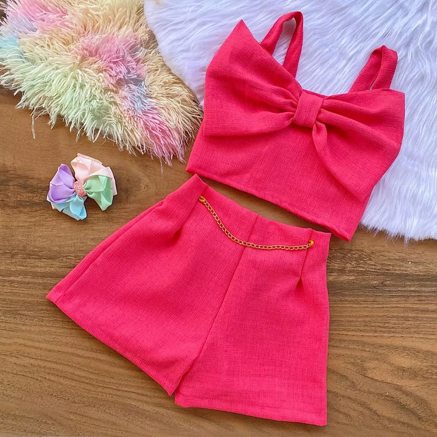 Conjunto Linho Infantil Menina do 2 ao 10 Anos Cropped Laço Moda Blogueirinha Verão - Imagem 5
