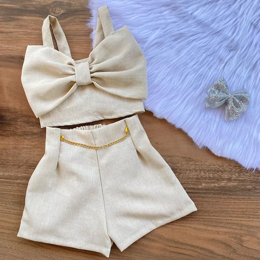 Conjunto Linho Infantil Menina do 2 ao 10 Anos Cropped Laço Moda Blogueirinha Verão - Imagem 8