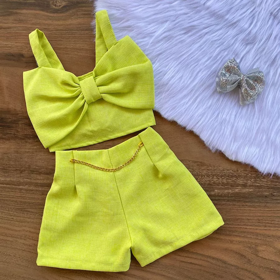 Conjunto Linho Infantil Menina do 2 ao 10 Anos Cropped Laço Moda Blogueirinha Verão - Imagem 6