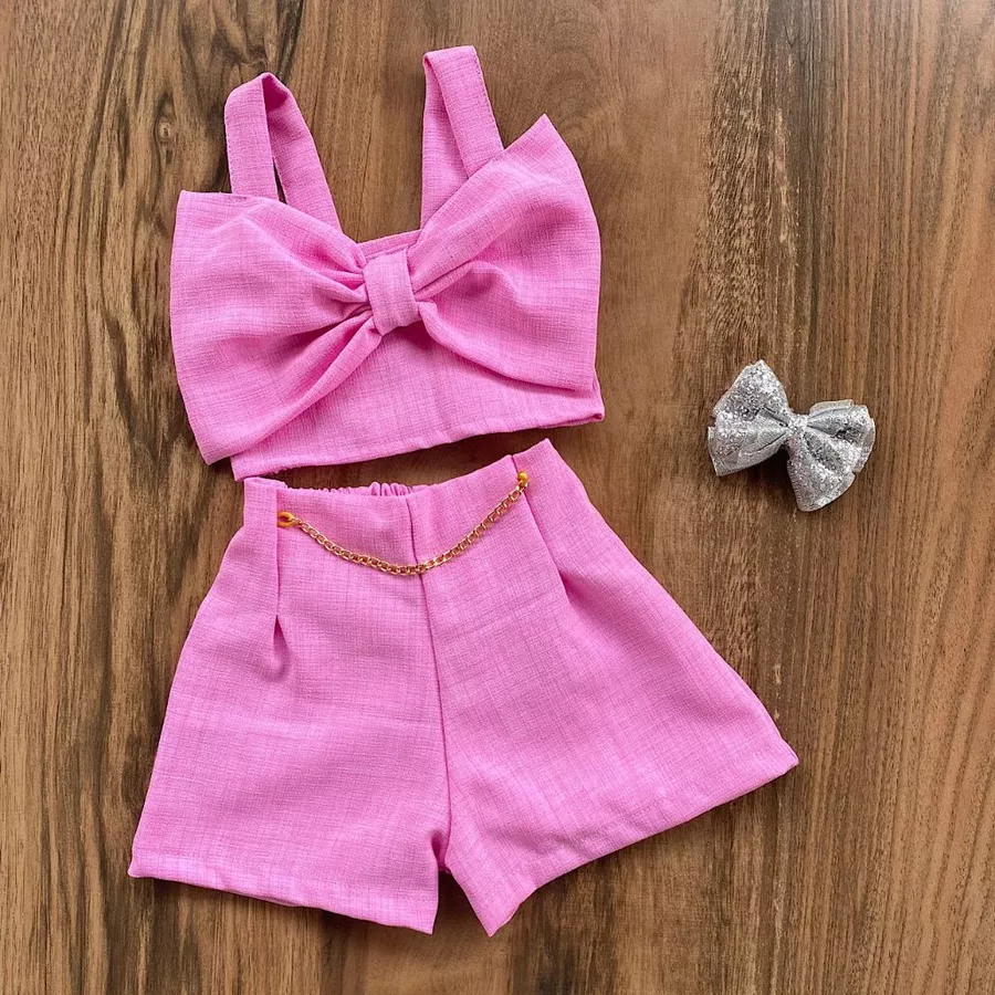 Conjunto Linho Infantil Menina do 2 ao 10 Anos Cropped Laço Moda Blogueirinha Verão - Imagem 7
