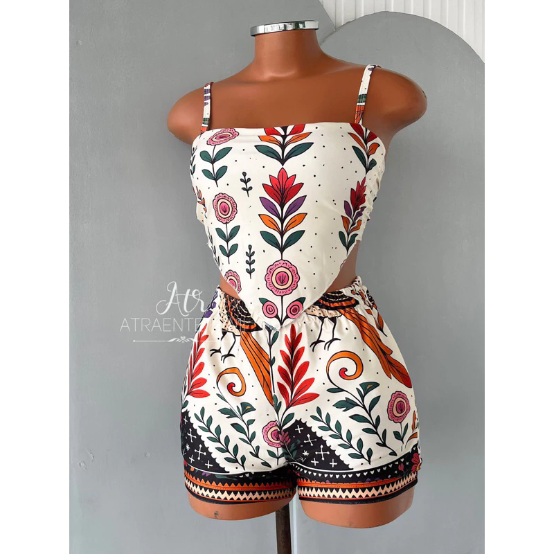 Lançamento conjunto blusinha e short estampado inspiração veste P M G