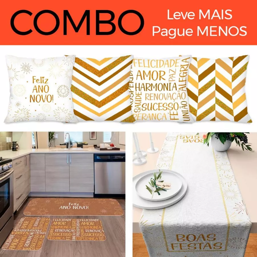 Combo Feliz Natal: Kit com 4 Capas para Almofadas + Kit com 3 Tapetes para Cozinha + Trilho de Mesa - Imagem 2