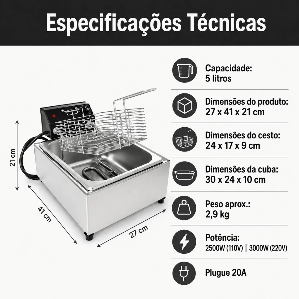 Fritadeira Elétrica industrial 5 Litros 1 Cuba 110v 220v - Imagem 3