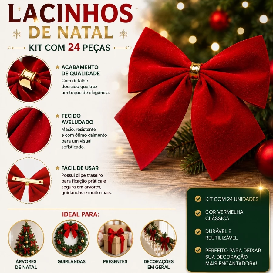 Laços Lacinhos Para Árvore de Natal Enfeite Decoração Natalina Vermelho Luxo - Imagem 2