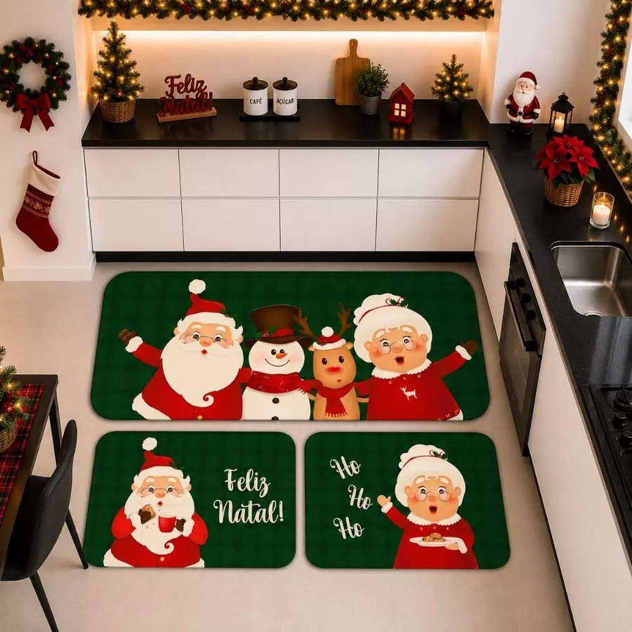 Kit com 3 Tapetes para Cozinha Decorativos Exclusivo Natalino Noel e Amigos